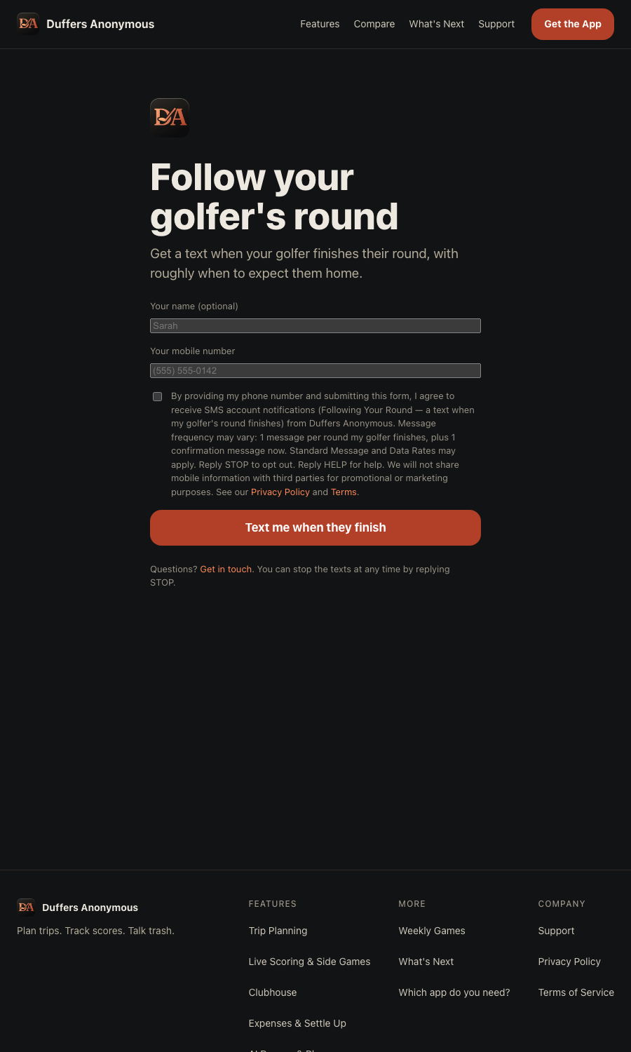 The opt-in form: a mobile number field, an unchecked consent checkbox, the full SMS disclosure naming Duffers Anonymous, the message frequency, standard message and data rates, STOP and HELP, the no-sharing clause, and links to the Privacy Policy and Terms
