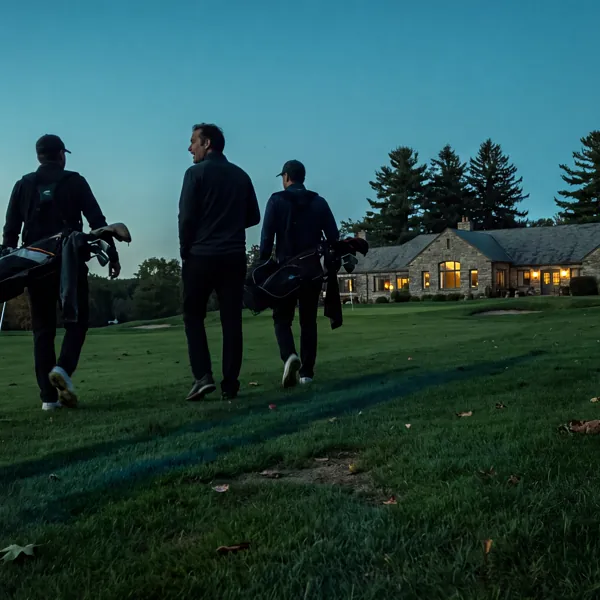 Three golfers walking in at dusk with bags over their shoulders, a stone clubhouse with lit windows ahead of them