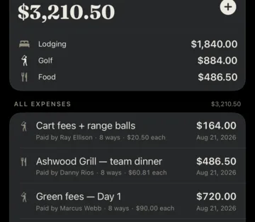 Close-up of one expense: Ashwood Grill team dinner, $486.50 paid by Danny Rios on August 18 2026, split 8 ways at $60.81 each