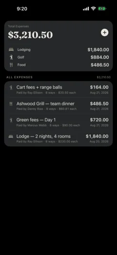 The Money tab: cart fees, a team dinner, green fees and two nights of lodging, each showing who paid and the per-person split, with a payments summary underneath