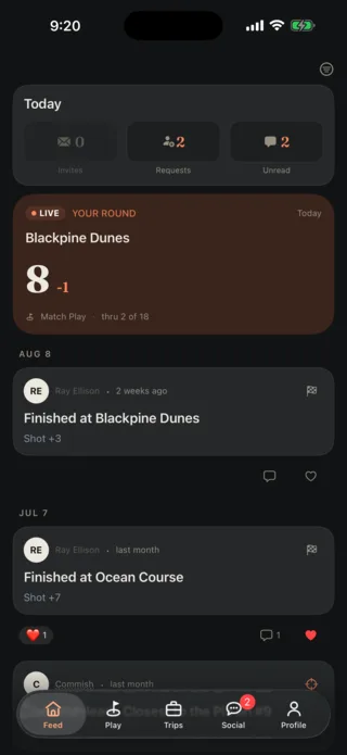 The Duffers Anonymous feed, showing a live round in progress at Blackpine Dunes and recent trip activity