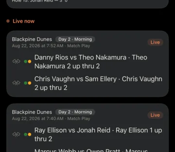 Two live match lines showing each pairing and who is up, with the number of holes played