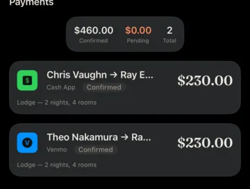 The payments summary: $460.00 confirmed, $0.00 pending, 2 payments in total