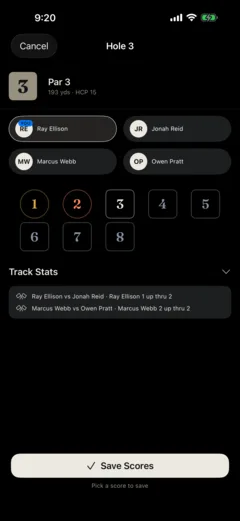 Entering scores for hole 3, a 193-yard par 3: four players on one screen, a number pad from 1 to 8, and the live match status underneath