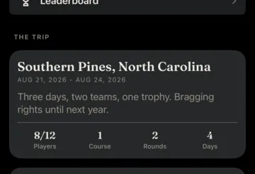 The trip screen: Southern Pines, North Carolina, August 18 to 21 2026 — three days, two teams, one trophy — eight of twelve players, one course, two rounds, four days
