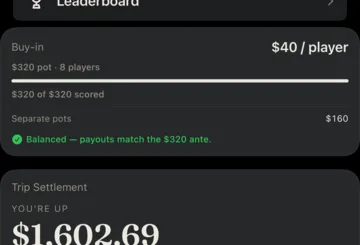 The trip settlement: you are up $1,602.69, with Chris Vaughn, Owen Pratt and Theo Nakamura each owing you $401.31 and Sam Ellery $398.76 — the four adding up to the total