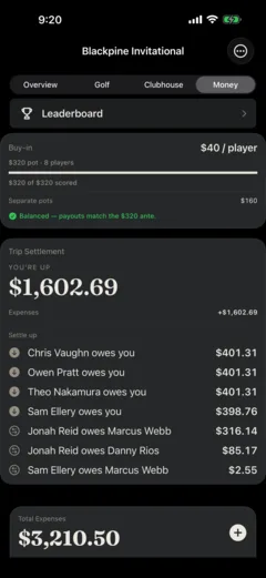 The money screen showing the trip buy-in, the settlement and total expenses