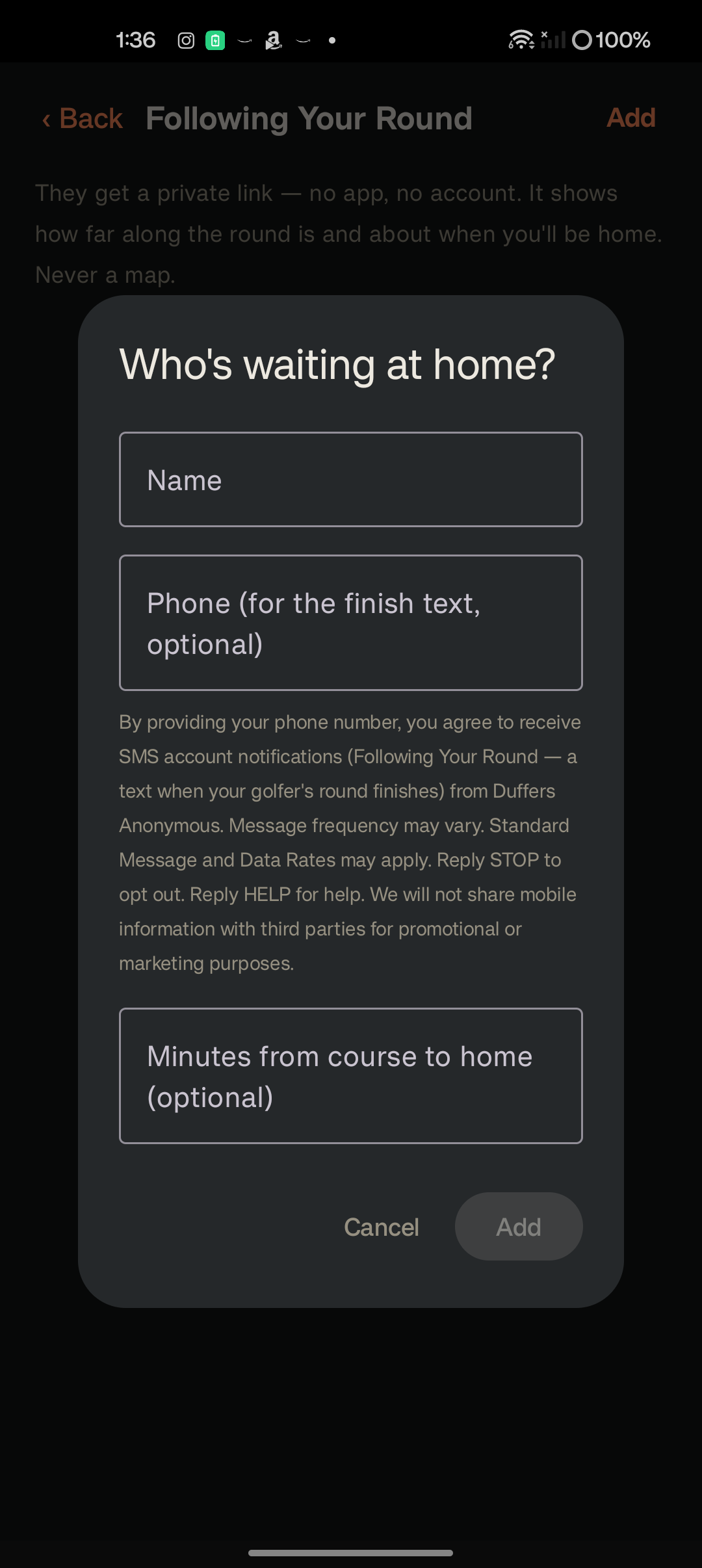 The in-app opt-in form: name and phone number fields, with the full SMS opt-in disclosure shown directly under the phone number field